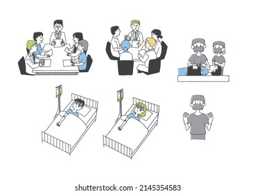  Set of hospitalization for serious illness or accident Comical handwritten person vector, color on line drawing
