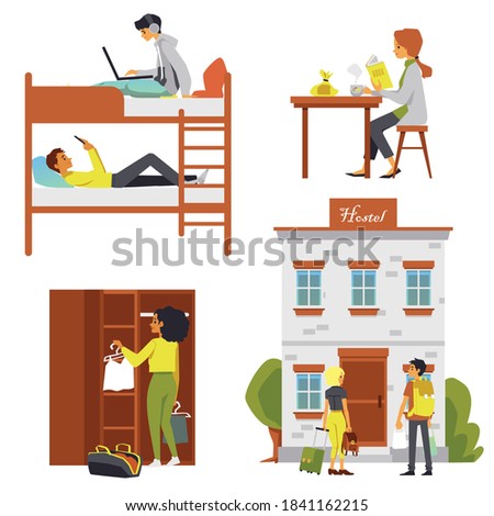 Set of hostel bedroom or low cost dorm furnishing and tourists characters accommodating during travel, flat vector illustration isolated on white background.