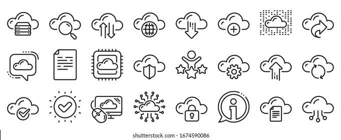 Set of Hosting, Computing data and File storage icons. Cloud data and technology line icons. Archive, Download, Share cloud files. Sync technology, Web server, Storage access. Vector - Shutterstock ID 1674590086