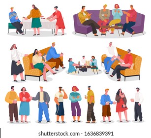 Set of hosts and guests at home reception party. Collection of isolated people talking and drinking wine. Parents and kids playing jenga. Friends meeting at house, friendly company vector in flat