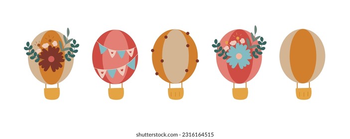 Set of hot air ballons in boho style. Five cartoon ballons clip art illustration,  scandinavian design for card, poster, print, decorative. Vector