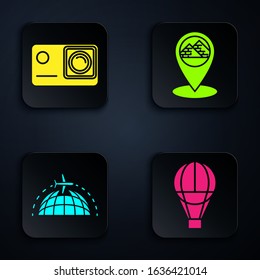 Set Hot air balloon, Action extreme camera, Globe with flying plane and Map pointer with Egypt pyramids. Black square button. Vector