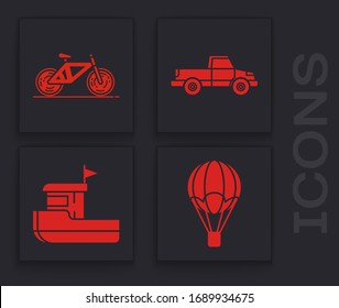 Set Hot air balloon, Bicycle, Pickup truck and Fishing boat icon. Vector