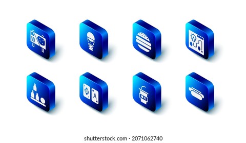 Set Hot air balloon, Burger, Amusement park map, Hotdog, Paper glass with water, Tarot cards, Bottles and billboard icon. Vector