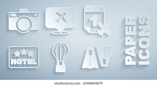 Set Hot air balloon, Calendar and airplane, Signboard with text Hotel, Rubber flippers for swimming, Speech bubble and Photo camera icon. Vector