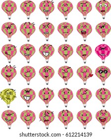 Set of hot air balloon character emojis; Cheerful, sad, angry, content ... and many more expressions.