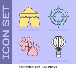 Set Hot air balloon, Circus tent, Paw print and Target sport for shooting competition icon. Vector