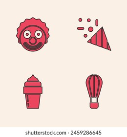 Set Hot air balloon, Clown head, Festive confetti and Ice cream icon. Vector