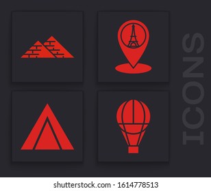 Set Hot air balloon, Egypt pyramids, Map pointer with Eiffel tower and Tourist tent icon. Vector