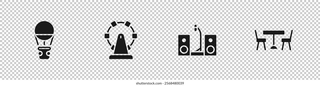 Set Hot air balloon, Ferris wheel, Home stereo with two speakers and Picnic table chairs icon. Vector