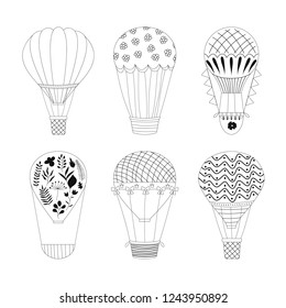 Set of hot air balloon icons. Outline vector illustration. Isolated.