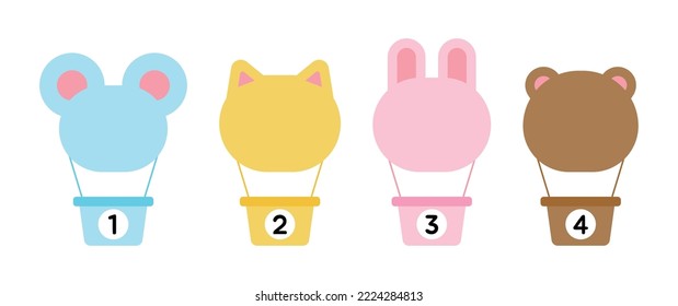 A set of hot air balloon illustrations flying in the sky in the shape of a cute animal. The number is written on the basket. Mouse, cat, rabbit and bear concept design.