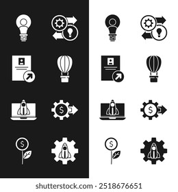 Set Hot air balloon, Job promotion, Head with lamp bulb, Human resources, Startup project concept, Gear dollar,  and Dollar plant icon. Vector