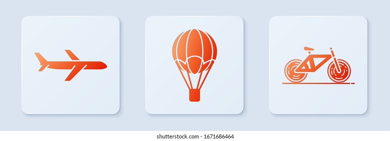 Set Hot air balloon, Plane and Bicycle. White square button. Vector