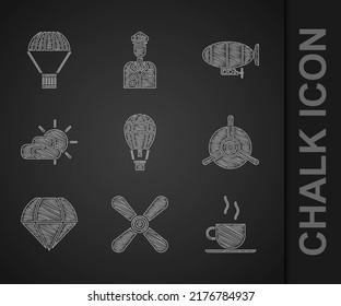 Set Hot air balloon, Plane propeller, Coffee cup, Parachute, Sun and cloud weather, Airship and Box flying parachute icon. Vector