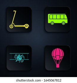 Set Hot air balloon, Scooter, Old retro vintage plane and Bus. Black square button. Vector