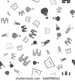 Set Hot air balloon, Swing, Firework rocket and Castle on seamless pattern. Vector
