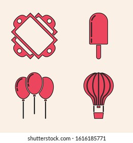 Set Hot air balloon, Ticket, Ice cream and Balloons with ribbon icon. Vector