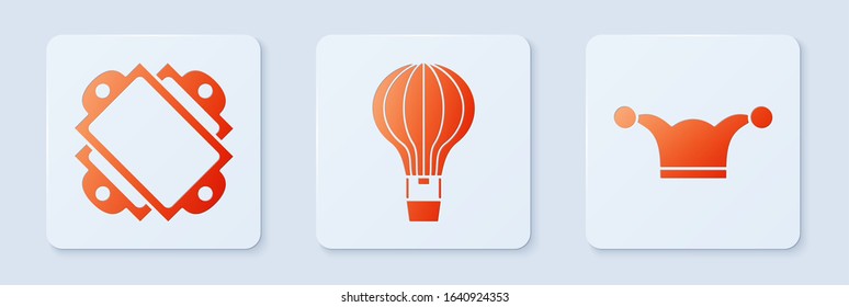 Set Hot air balloon, Ticket and Jester hat with bells. White square button. Vector