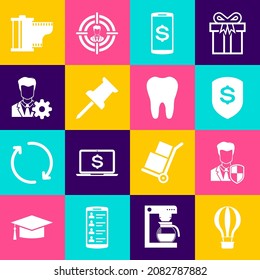 Set Hot air balloon, User protection, Shield and dollar, Smartphone with, Push pin and Profile settings icon. Vector