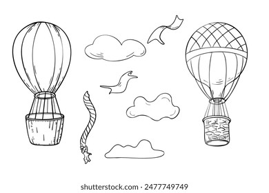 Set of hot air balloons black and white vector illustration isolated. Balloon silhouette with clouds and a ribbon. Retro airship simple coloring. Black contour vintage air transport, rope hand drawn