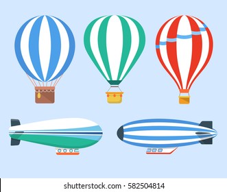 Set of hot air balloons and blimps, vector illustration.