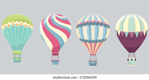 Set of hot air balloons. Colored aerostats in cartoon style.