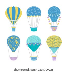 Set of hot air balloons. Cute baby illustration. Vector travel concept.