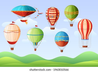 Set of hot air balloons, different colors and shapes, vintage hot air balloons. Aeronautics. Vector illustration