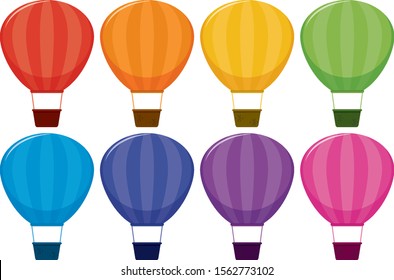 Set of hot air balloons in eight colors illustration