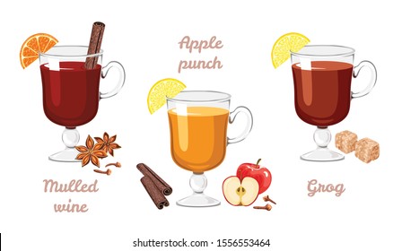 Set of hot alcoholic drinks in glass glasses isolated on white background. Vector illustration of mulled wine with cinnamon stick and orange, grog with lemon and apple punch in cartoon flat style.