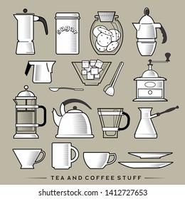 Set of hot beverage stuff on grey background.Cups, kettele, coffee mill, sauseboat and other dishes for coffee and tea,