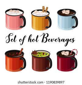 Set of hot beverages. Vector isolation cartoon illustration