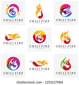 Set of Hot Chili logo design vector. Chili with fire logo concepts. Food logo template