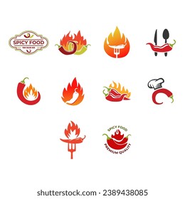 Conjunto de diseño del logotipo de Hot chili. Símbolo del logo del chili de fuego. Ilustración de alimentos con especias