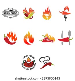 Conjunto de diseño del logotipo de Hot chili. Símbolo del logo del chili de fuego. Ilustración de alimentos con especias