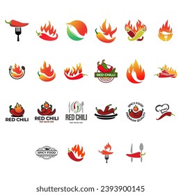 Conjunto de diseño del logotipo de Hot chili. Símbolo del logo del chili de fuego. Ilustración de alimentos con especias
