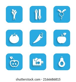 Set Hot chili pepper, Cutting board with vegetables, Avocado, Apple, Tomato, Radish and Leek icon. Vector
