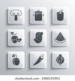 Set Hot chili pepper, Garlic, Watermelon, Potato, Plum fruit, Healthy, Mushroom and Bell icon. Vector