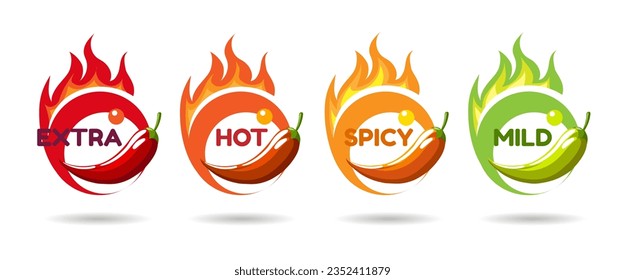 Set of Hot Chili Pepper Labels. Peppers with Fire Flames Spicy Food Emblems for sauce and ketchup design isolated on white. Vector illustration.