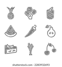 Set Hot chili pepper, Leek, Cherry, Pear, Homemade fruit pie, Watermelon, Bell and Pineapple icon. Vector