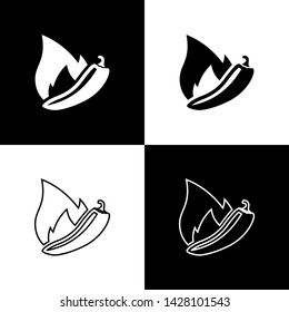 Set Hot chili pepper pod icons isolated on black and white background. Design for grocery, culinary products, seasoning and spice package, cooking book. Vector Illustration