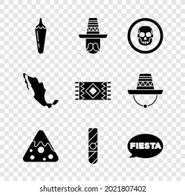 Set Hot chili pepper pod, Mexican man sombrero, skull coin, Nachos, Cigar, Fiesta, Map of mexican and carpet icon. Vector