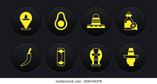 Set Hot chili pepper pod, Tequila bottle with lemon, Burrito, Mexican wrestler, sombrero, Avocado fruit, man and  icon. Vector