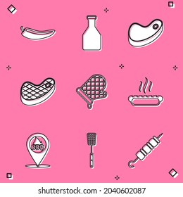 Set Hot chili pepper pod, Ketchup bottle, Steak meat, Oven glove, Hotdog sandwich, Location with barbecue and Barbecue spatula icon. Vector