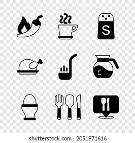 Set Hot chili pepper pod, Coffee cup, Salt, Chicken egg on stand, Fork, spoon knife, Cafe restaurant location, Roasted turkey chicken and Kitchen ladle icon. Vector