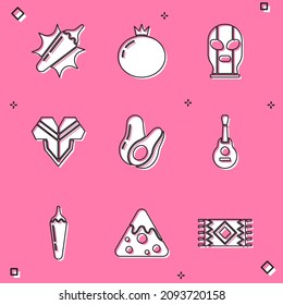 Set Hot chili pepper pod, Tomato, Mexican wrestler, Poncho, Avocado fruit, guitar,  and Nachos icon. Vector
