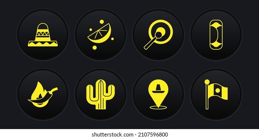 Set Hot chili pepper pod, Burrito, Cactus, Mexican sombrero, Gong, Sliced lime, Mexico flag and  icon. Vector