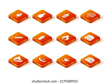 Set Hot chili pepper pod, Sausage, Grilled shish kebab, Mustard bottle, Barbecue grill, Fire flame, Burger and  icon. Vector