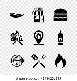 Set Hot chili pepper pod, Barbecue shopping building, Burger, grill with sausage, Crossed fork and spatula, Fire flame,  and Location fire icon. Vector